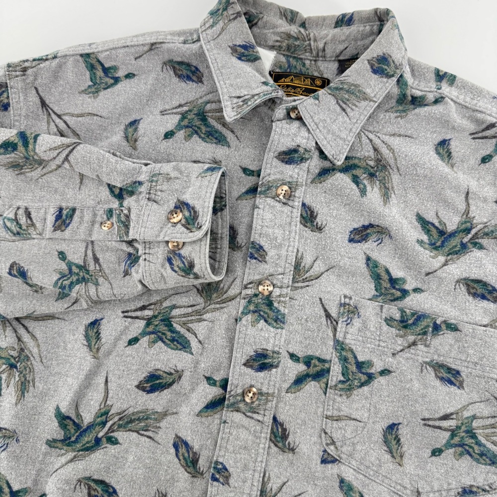 Eddie Bauer Flannel Shirt Mens Large Gray Mallard Duck Print Made in USA Vintage